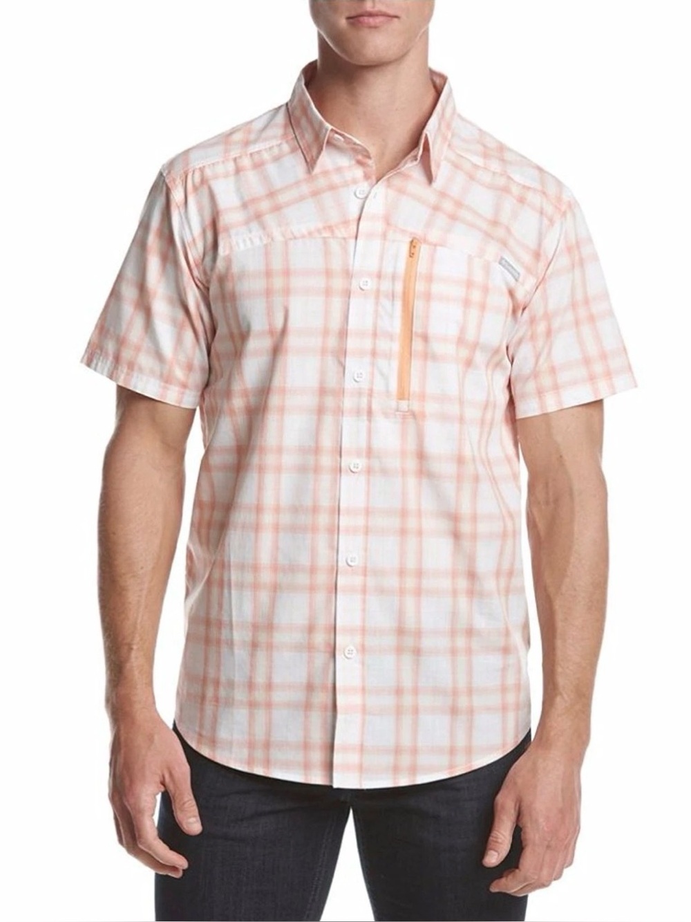 Columbia Sportswear Company Mens XL Slim Fit Zip Chest Pocket Peach Plaid Shirt